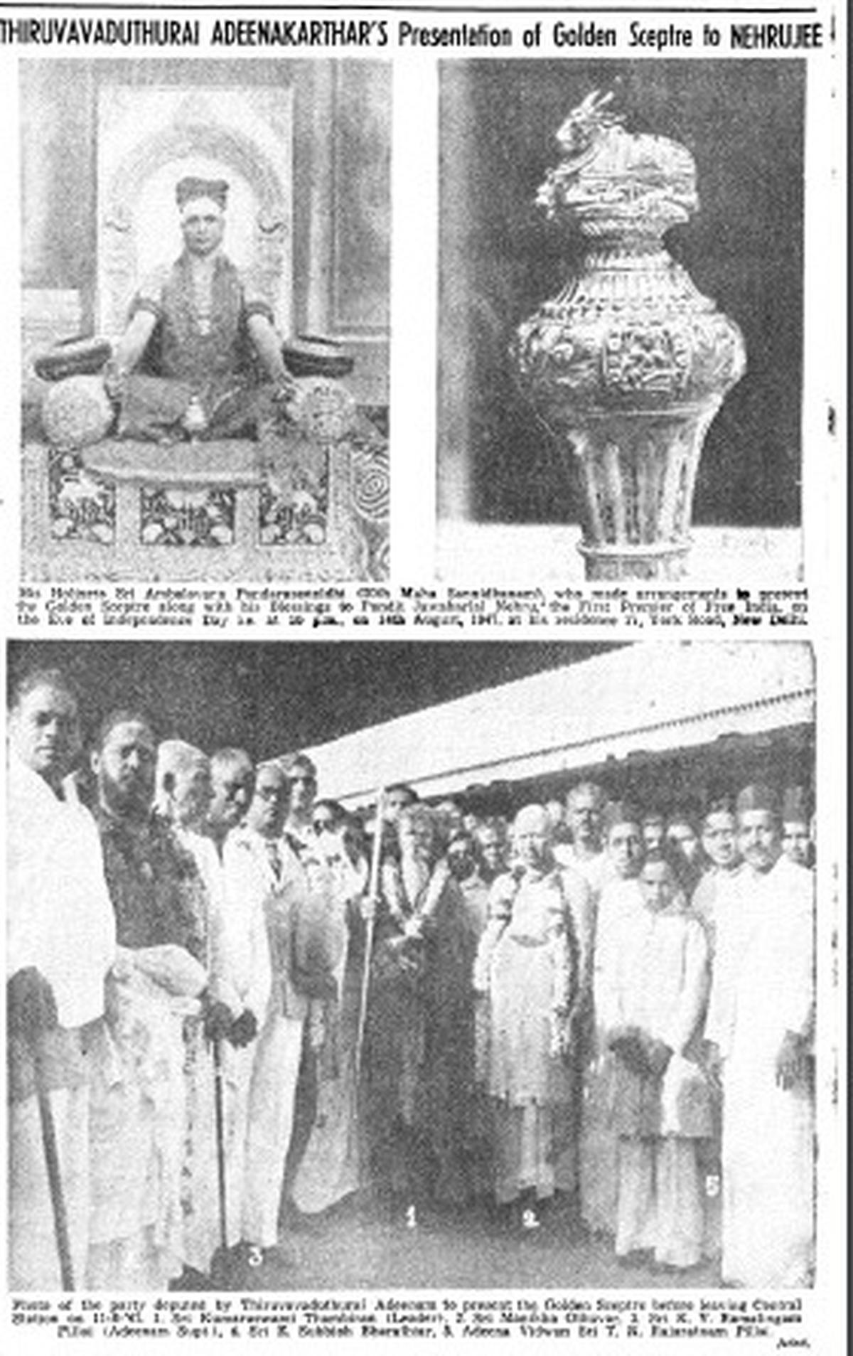 A photo feature on Thiruvaduthurai Adheenam’s presentation of the Sengol to the then Prime Minister, published in The Hindu on August 29, 1947 