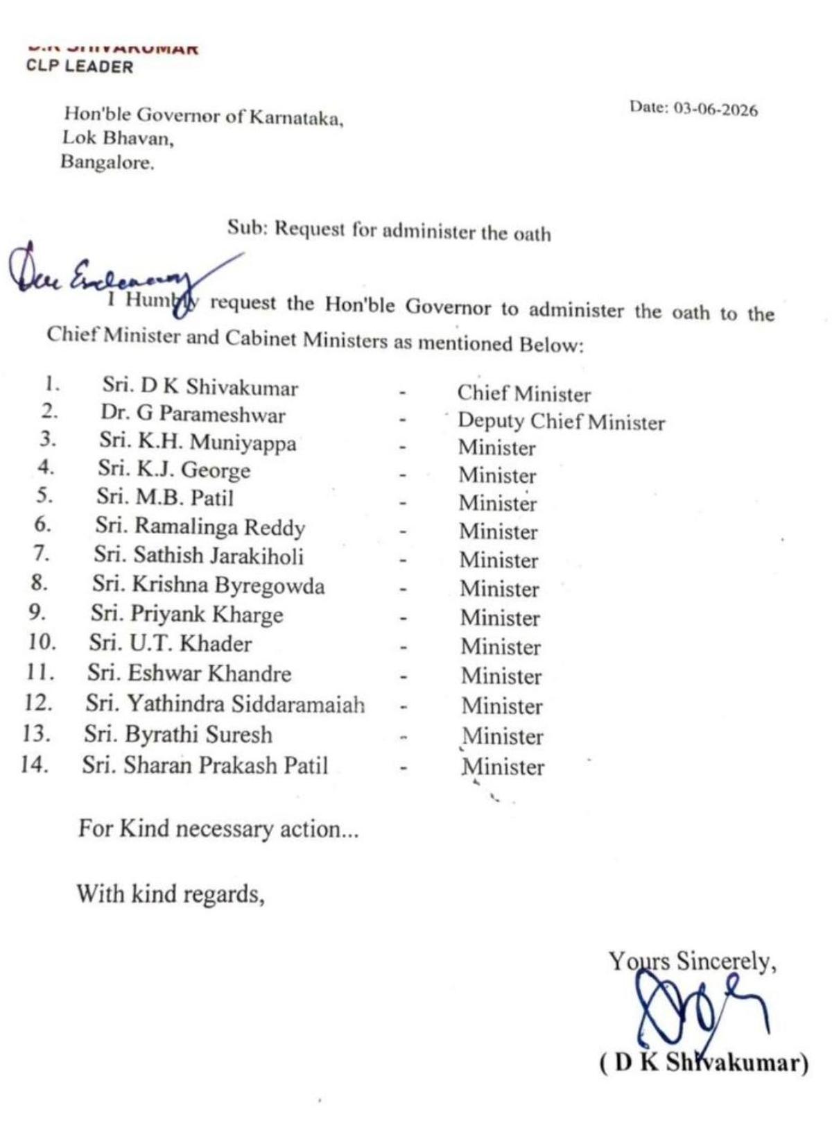 Lista de nomes de líderes do Congresso a serem empossados ​​no gabinete recém-formado liderado por DK Shivakumar.