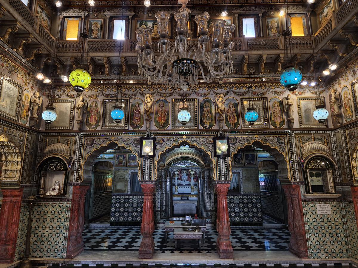 The richly decorated interiors of a Jain temple in Churu