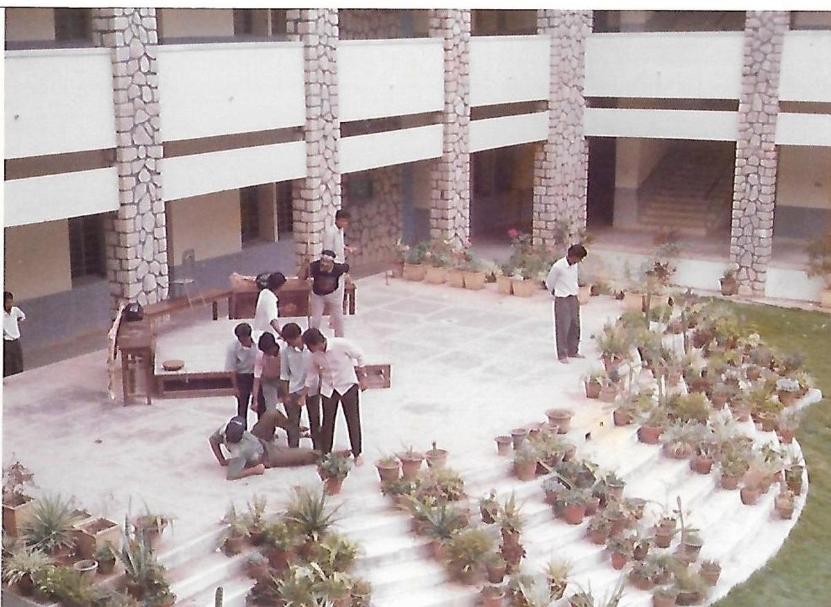 Students of Christ College rehearsing the play ‘Dangeya Munchina Dinagalu’  directed by K.M. Chaitanya in 1991 in Bengaluru.