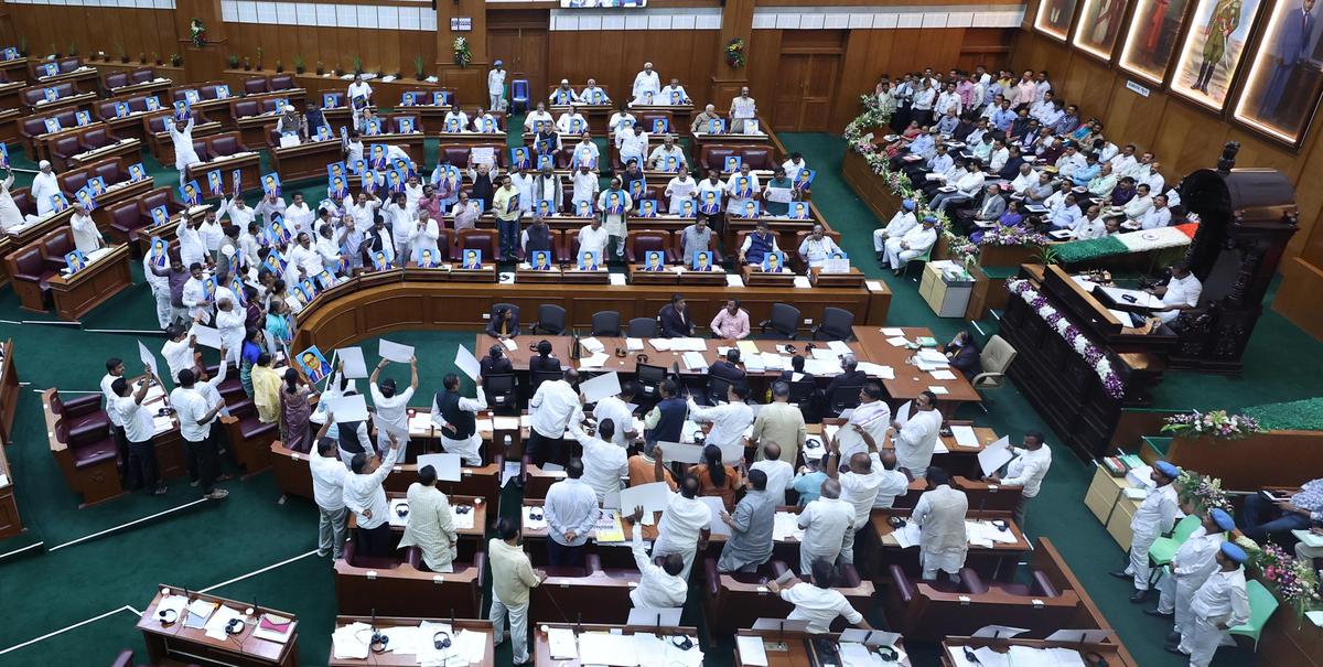 The Karnataka Legislative Assembly witnessed commotion following protests by ruling Congress members, criticising Union Home Minister Amit Shah for his remarks against Dr. B.R. Ambedkar, and counter-protest by the Opposition BJP.