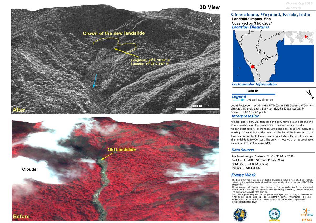 Before and after images, released by NRSC of ISRO, of Chooralmala, in Wayanad district of Kerala, which was hit by a landslip on July 30, 2024.