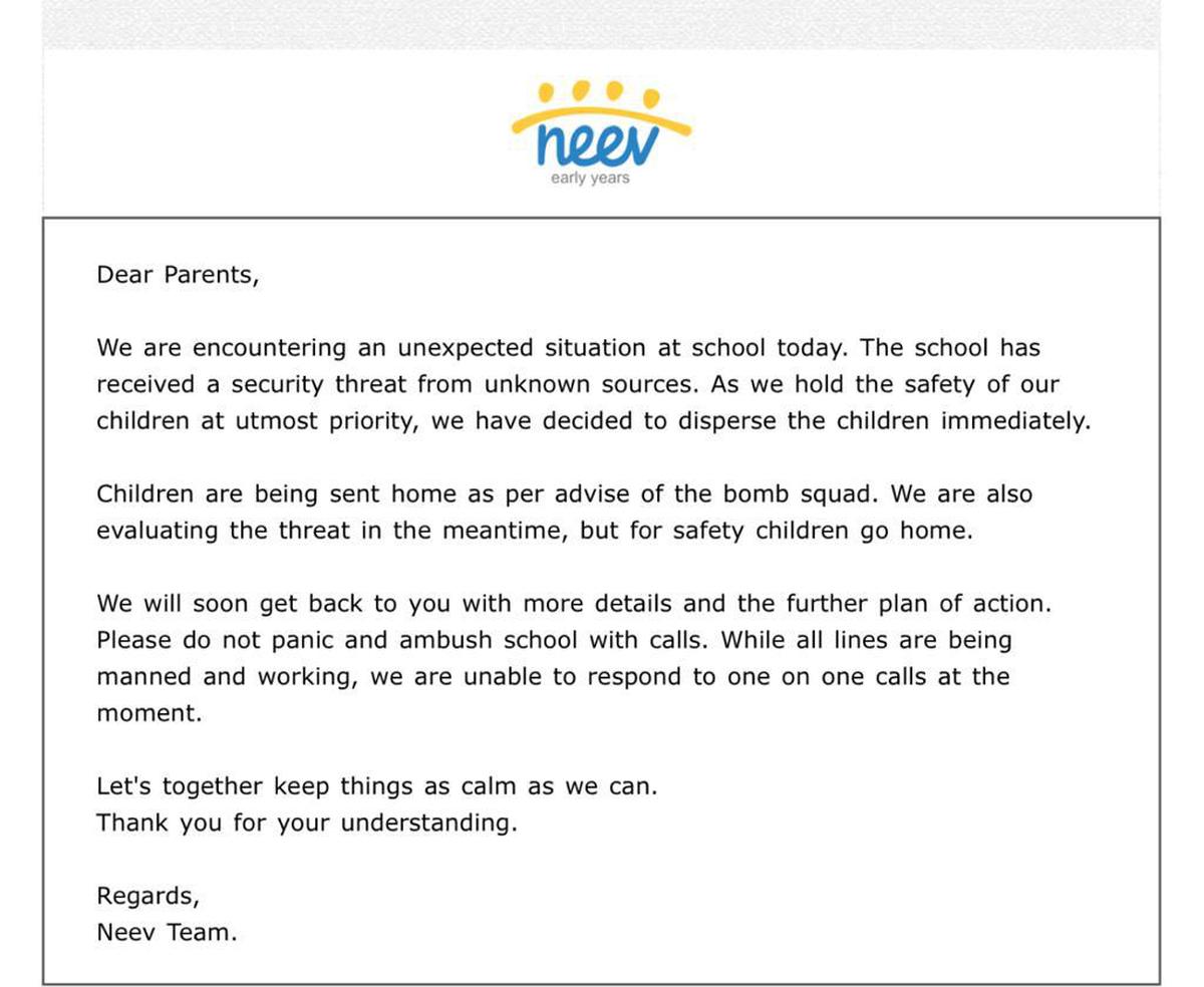 A note sent to parents of children by one of the schools in Bengaluru that received a security threat on December 1, 2023.  