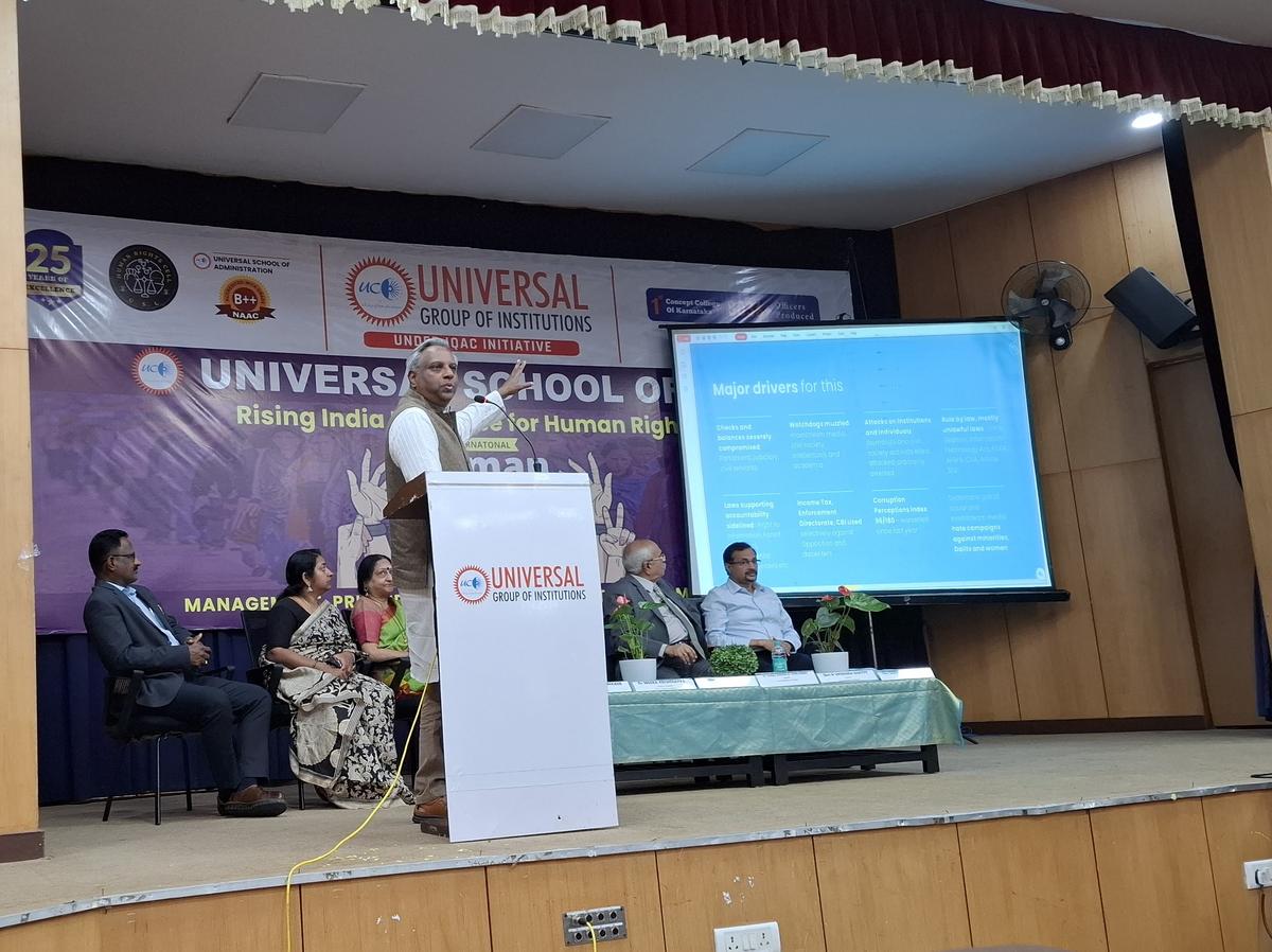 Salil Shetty, former secretary general of Amnesty International and former director of the United Nations Millennium Campaign, addressing students at a dialogue organised by Universal School of Law as part of Human Rights Day 2025 celebrations, in Karnataka Government Employees’ Association Building in Bengaluru on December 9, 2025. Salil Shetty, former secretary general of Amnesty International and former director of the United Nations Millennium Campaign, addressing students at a dialogue organised by Universal School of Law as part of Human Rights Day 2025 celebrations, in Karnataka Government Employees’ Association Building in Bengaluru on December 9, 2025.