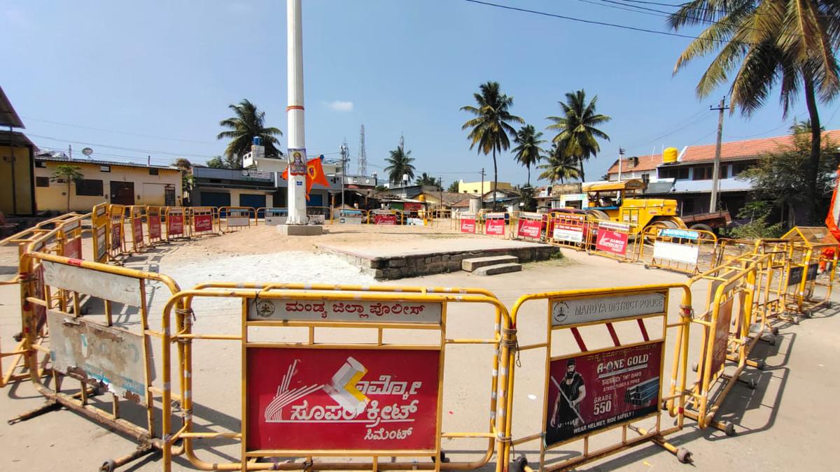 Barricades erected around the flag post in Keragodu in Mandya district on January 29, 2024. 