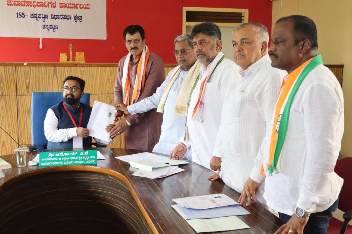 Actor-turned-politician and former Minister C.P. Yogeshwar filed his nomination papers as the Congress candidate for the bypoll to the Channapatna Legislative Assembly constituency in Ramanagara district of Karnataka on October 24, 2024. To his left are Karnataka CM Siddaramaiah, Deputy CM D.K. Shivakumar and Transport Minister Ramalinga Reddy.