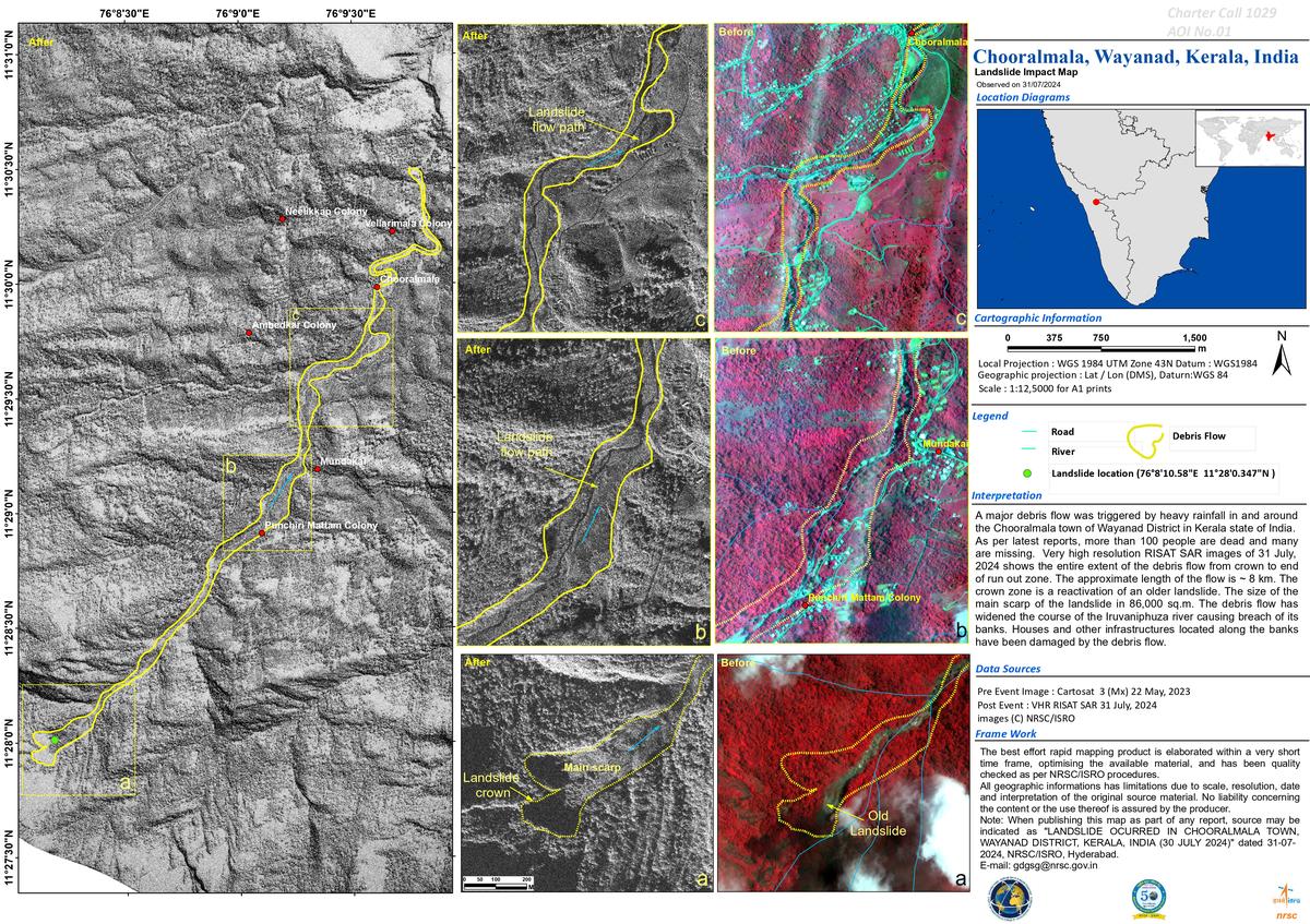 An image released by NRSC of ISRO shows the landslide impact map of Chooralmala, in Wayanad district of Kerala. Chooralmala was hit by a landslip on July 30, 2024.