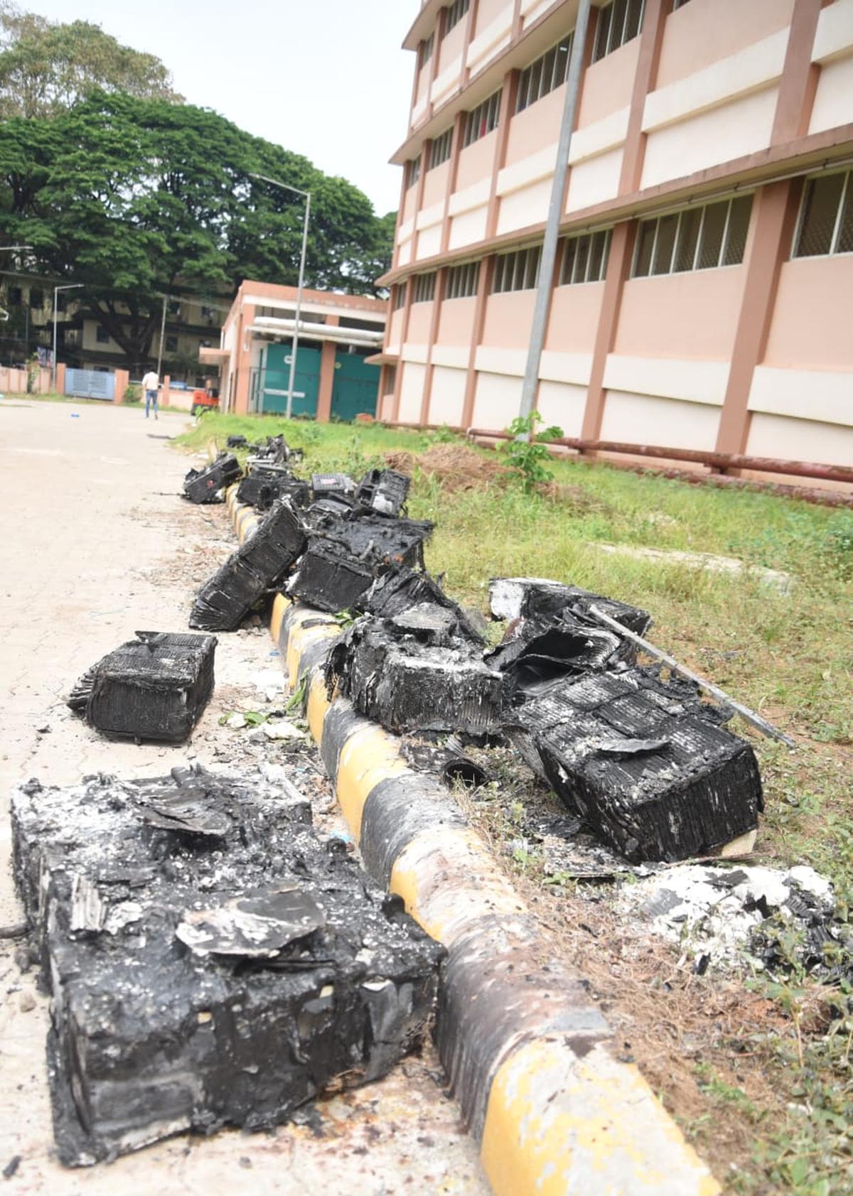 Burnt remnants of the UPS system from the PMSSY block of Government Medical College Hospital, Kozhikode, on Saturday. Burnt remnants of the UPS system from the PMSSY block of Government Medical College Hospital, Kozhikode, on Saturday.