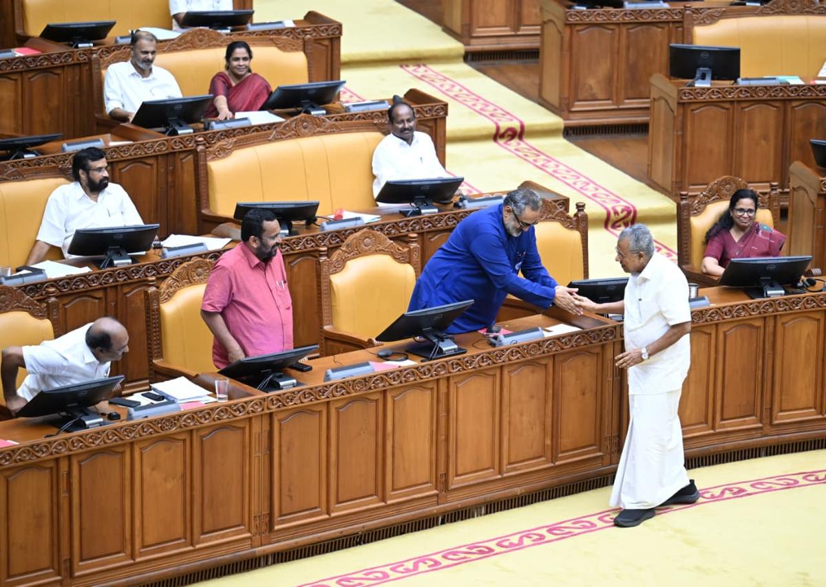 Former Chief Minister Pinarayi Vijayan greets BJP MLA and party’s State president Rajeev Chandrasekhar in the Assembly Former Chief Minister Pinarayi Vijayan greets BJP MLA and party’s State president Rajeev Chandrasekhar in the Assembly