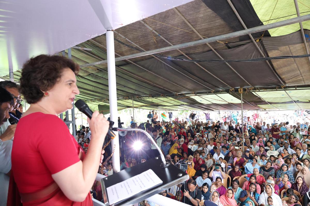 Priyanka Gandhi Vadra addressing a rally at Moothedam in Nilambur on Sunday evening. Priyanka Gandhi Vadra addressing a rally at Moothedam in Nilambur on Sunday evening.