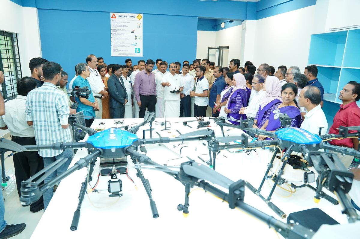 Union Minister of State for Minority Affairs George Kurian testing a drone at the skill development centre at Amal College of Advanced Studies, Nilambur, on July 18.