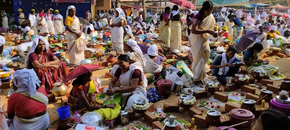 Women getting ready for the Pongala offering on March 7, 2023, morning Women getting ready for the Pongala offering on March 7, 2023, morning