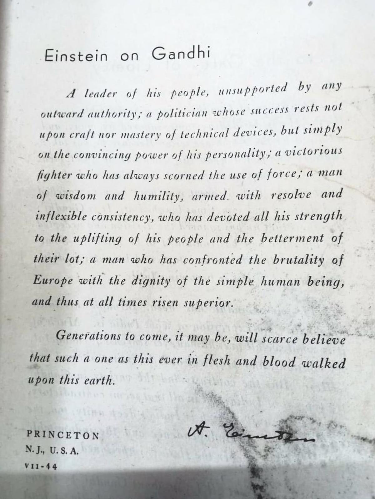 The page carrying Albert Einstein’s signed message on Gandhi.