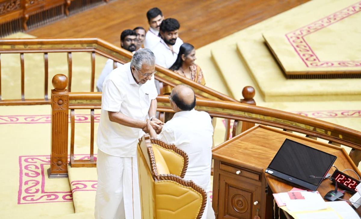 Former Chief Minister Pinarayi Vijayan greets Pro Tem Speaker G. Sudhakaran at the Kerala Assembly after his swearing-in on Thursday. Former Chief Minister Pinarayi Vijayan greets Pro Tem Speaker G. Sudhakaran at the Kerala Assembly after his swearing-in on Thursday.