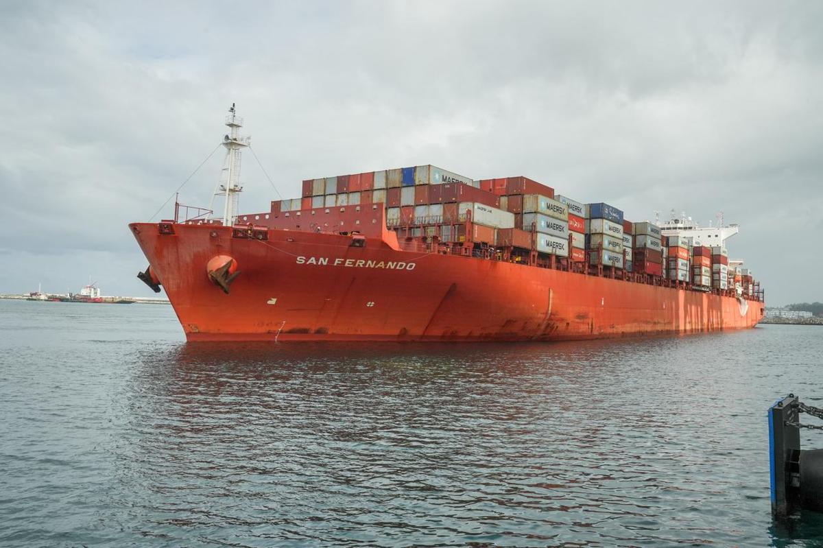 Mothership ‘San Fernando’ carrying containers to the Vizhinjam international seaport in Kerala arrives at the port on July 11.