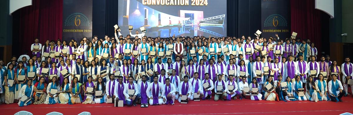 The passing-out graduates of IIT Palakkad during a photo session at the 6th convocation held on Saturday.