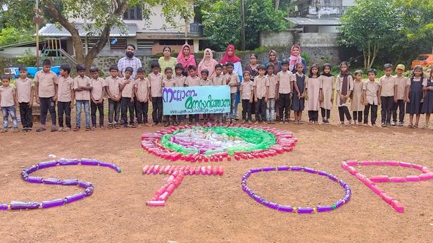 Malappuram school makes pookkalam with plastic bottles