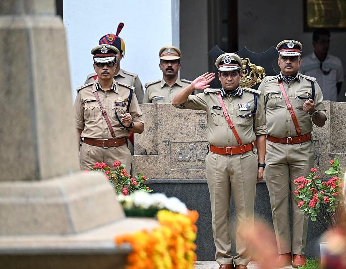 Ravada Chandrasekhar pays homage at Dheerasmrithi Bhoomi, a memorial dedicated to police officers who lost their lives in the line of duty, on Tuesday. Ravada Chandrasekhar pays homage at Dheerasmrithi Bhoomi, a memorial dedicated to police officers who lost their lives in the line of duty, on Tuesday.