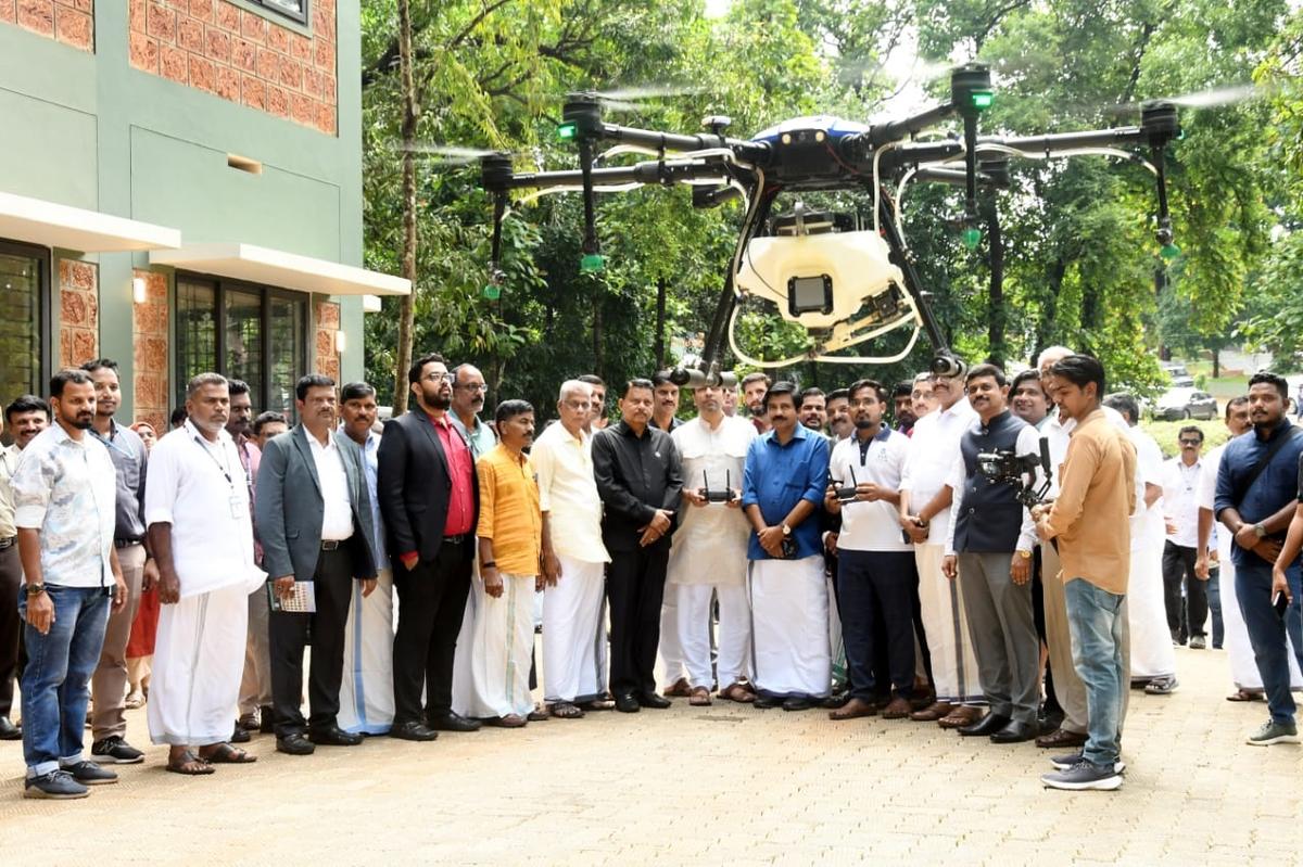 Union Minister of Skill Development and Entrepreneurship Jayant Chaudhary inaugurating skill development courses by flying a drone at Amal College of Advanced Studies, Nilambur, on July 17.