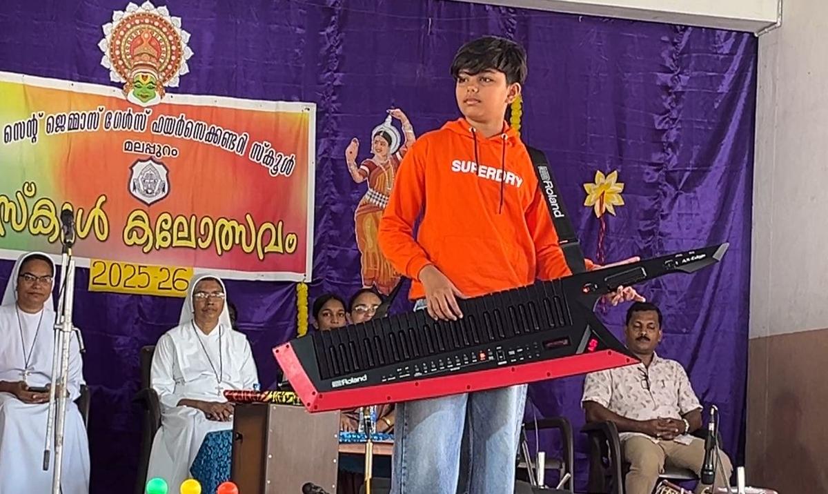 Adwaith M. Sree playing keytar after inaugurating the school arts festival at St. Gemma’s Girls Higher Secondary School, Malappuram.