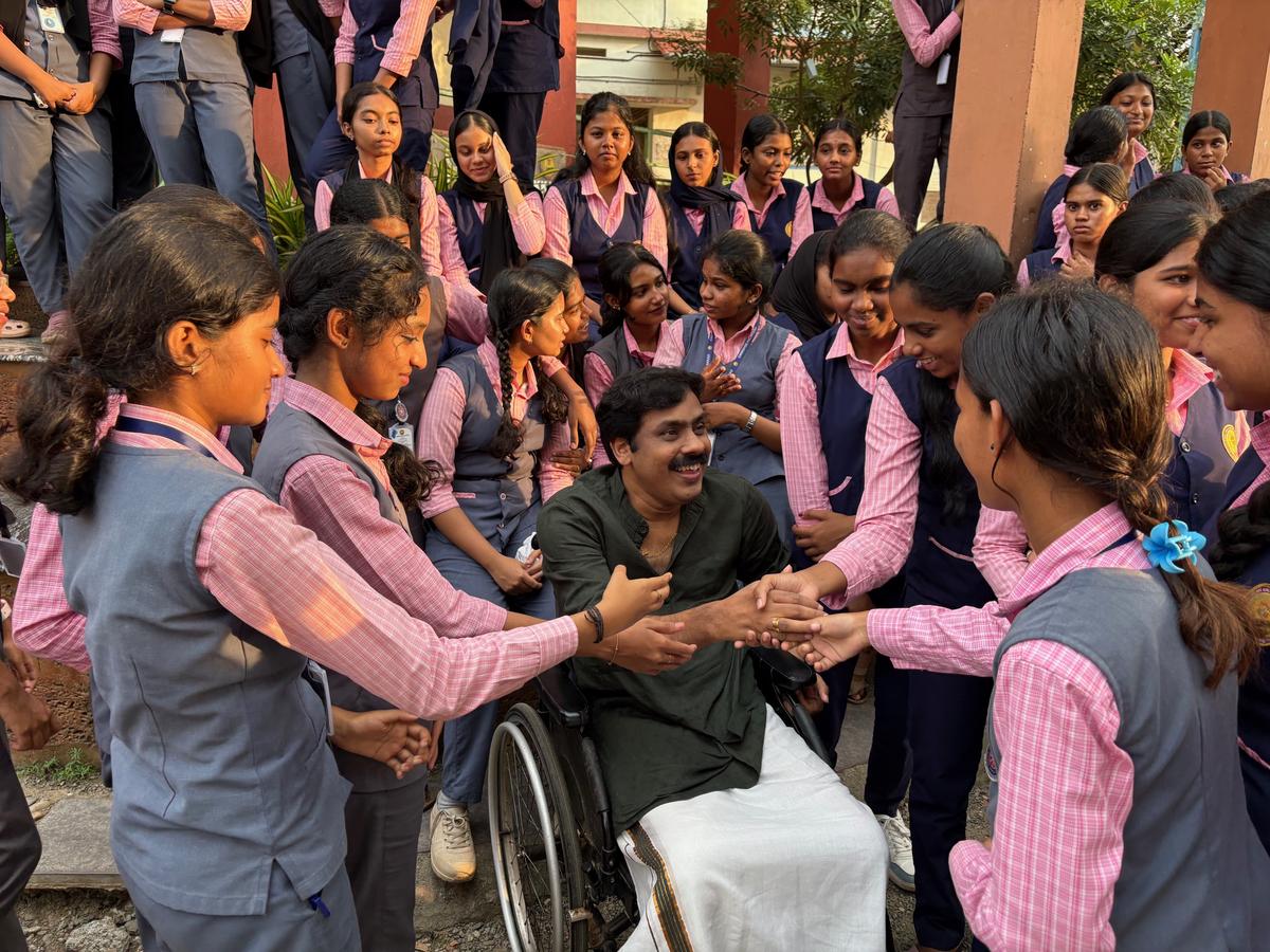Girls surrounding Ganesh Kailas for a shakehand at Government Moyan Model Girls Higher Secondary School, Palakkad, on Wednesday.