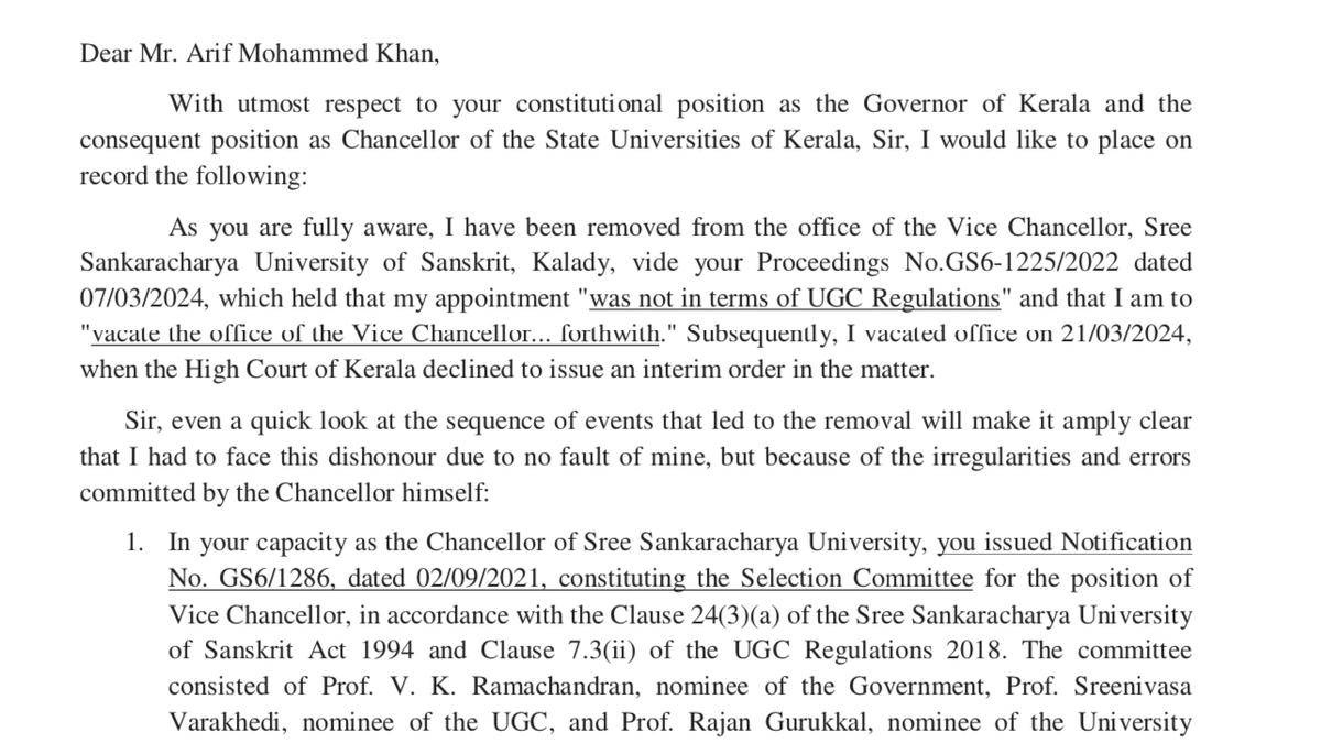 In open letter, sacked Sanskrit university Vice Chancellor blames Kerala Governor for his removal