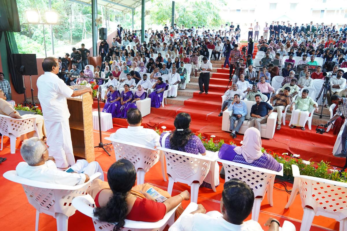 Union Minister of State for Minority Affairs George Kurian addressing the audience after inaugurating a skill development centre at Amal College of Advanced Studies, Nilambur, on July 18.