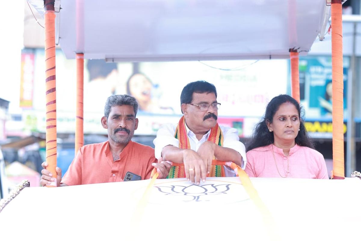 BJP candidate Mohan George during a roadshow in Nilambur on Monday. BJP candidate Mohan George during a roadshow in Nilambur on Monday.