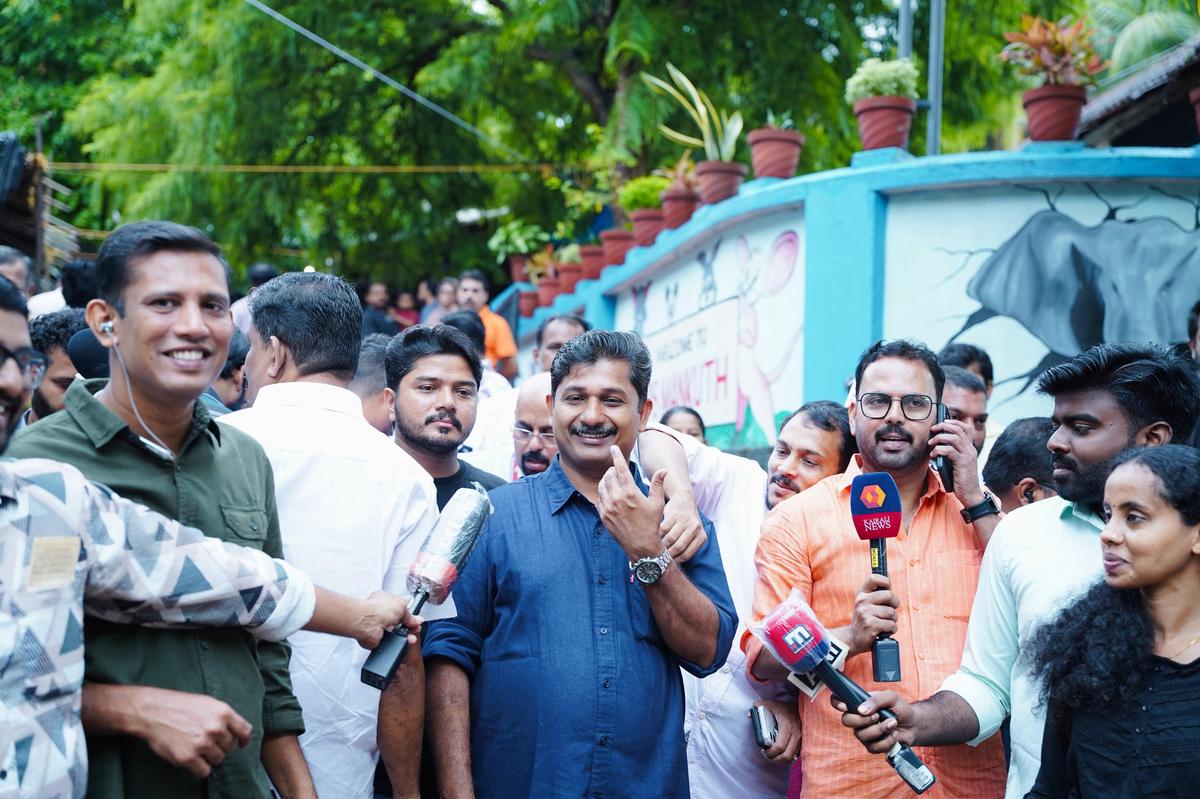 LDF candidate M. Swaraj coming out of the polling booth at Government LP School, Mankuthu, after casting his vote on Thursday. LDF candidate M. Swaraj coming out of the polling booth at Government LP School, Mankuthu, after casting his vote on Thursday.