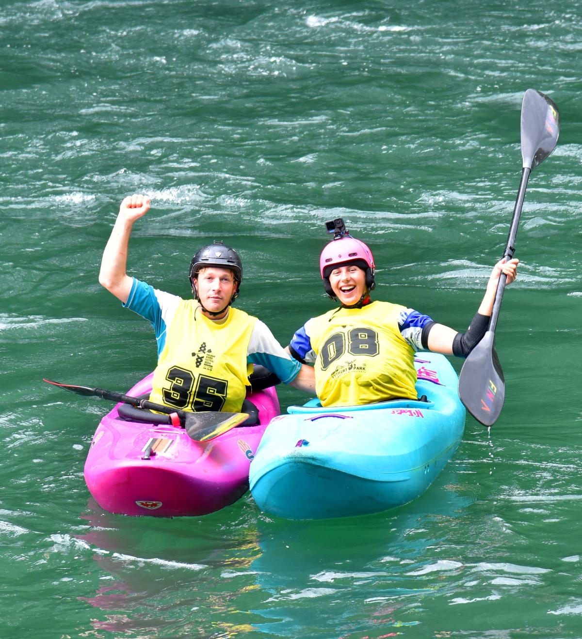 Rapid Raja Manu Wackernagel and Rapid Rani Marissa Kaup after they completed the Down River race of the Malabar River Festival at Elanthukadavu on July 28.