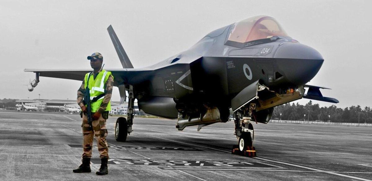 A CISF guard manning the grounded F-35B fighter jet at the Thiruvananthapuram international airport A CISF guard manning the grounded F-35B fighter jet at the Thiruvananthapuram international airport