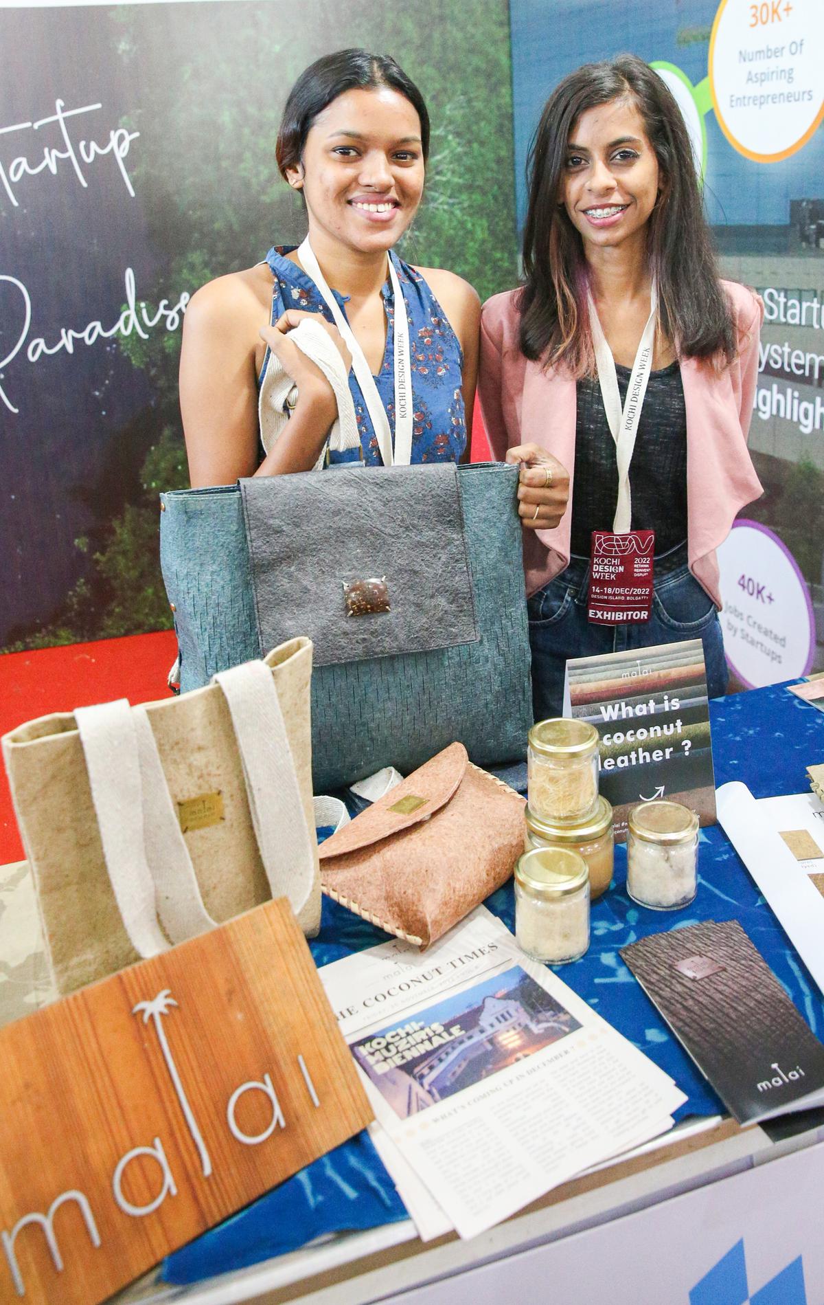 Veronica Sheryl, Senior Consultant at Malai Bio Materials Design Private Limited and Candida Fernandez, Marketing Specialist, at their booth at Kochi Design Week in Bolgatty.