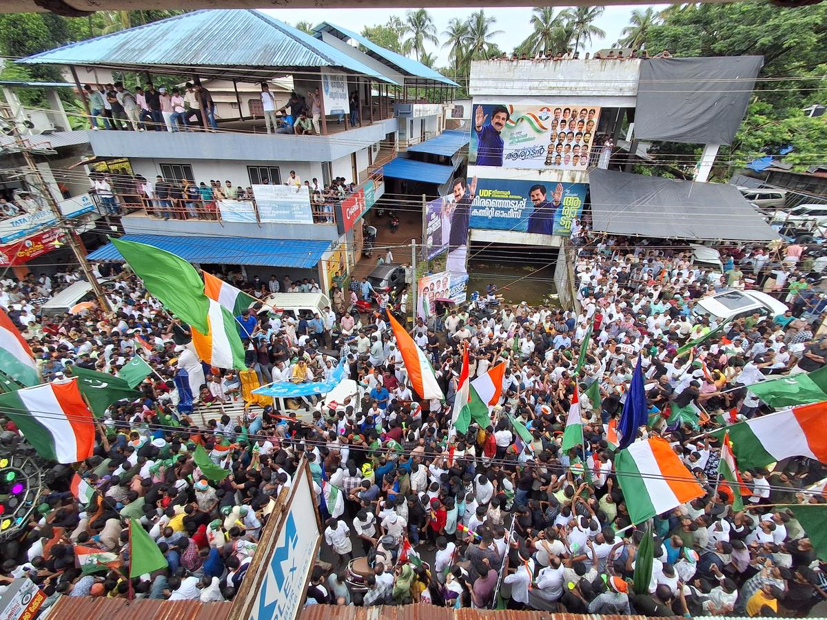 UDF activists celebrating in front of Aryadan Shoukath’s house at Nilambur on Monday. UDF activists celebrating in front of Aryadan Shoukath’s house at Nilambur on Monday.