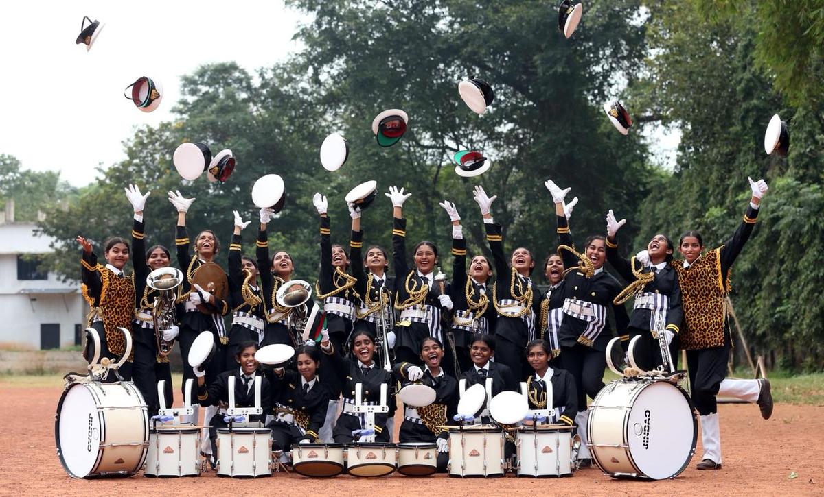 RMHSS, Melattur, students celebrating after winning the first prize in band melam (HS category).