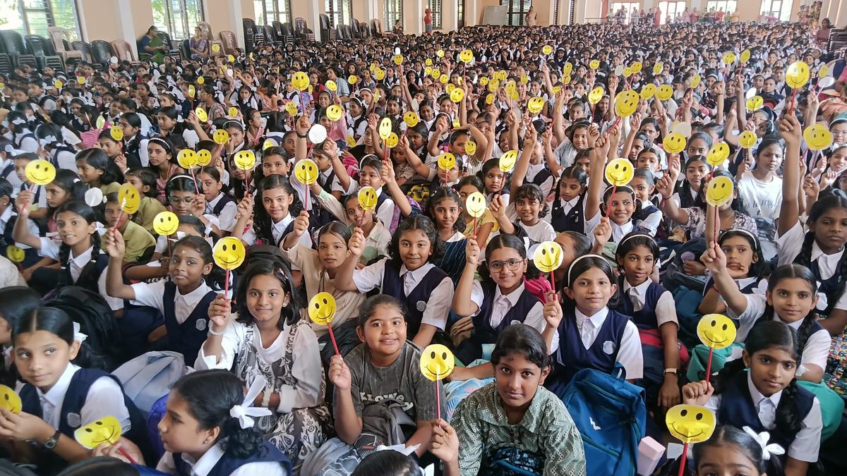 Students attending an event to mark the first day of the academic year at Providence Higher Secondary School for Girls, Kozhikode, on Monday. Students attending an event to mark the first day of the academic year at Providence Higher Secondary School for Girls, Kozhikode, on Monday.