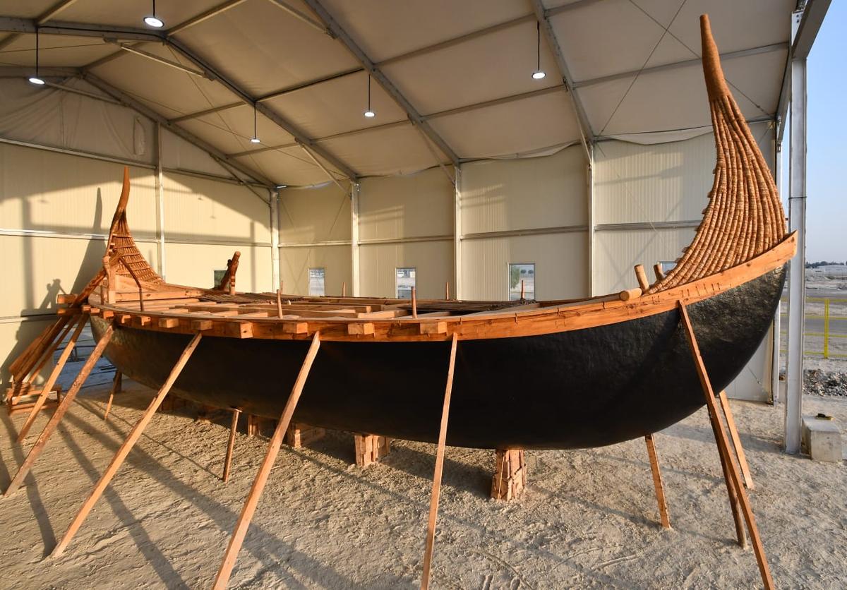 The view of the sailing vessel in the initial days of its making at a shipyard in Goa.
