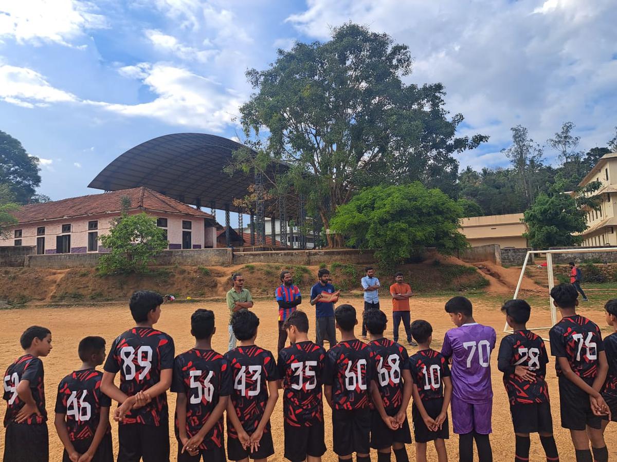A football coaching session in progress under Thirteenth Foundation at a school at Mananthavady in Kerala’s Wayanad district.