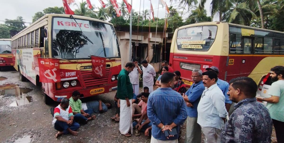 Trade union activists who joined the nationwide general strike on Wednesday block KSRTC buses in front of the Pavangad depot in Kozhikode city Trade union activists who joined the nationwide general strike on Wednesday block KSRTC buses in front of the Pavangad depot in Kozhikode city