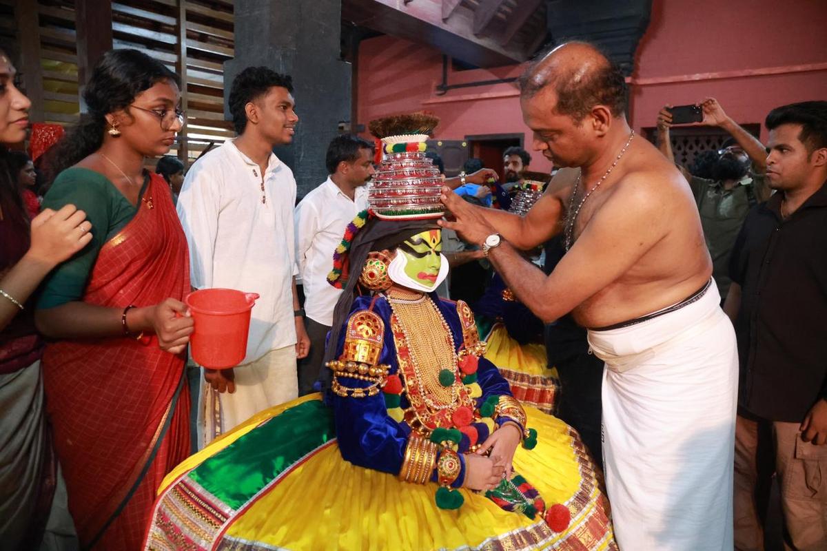 Sabri, the first Muslim girl to perform Kathakali at Kerala Kalamandalam since its founding, getting ready for the performance on Thursday. Sabri, the first Muslim girl to perform Kathakali at Kerala Kalamandalam since its founding, getting ready for the performance on Thursday.
