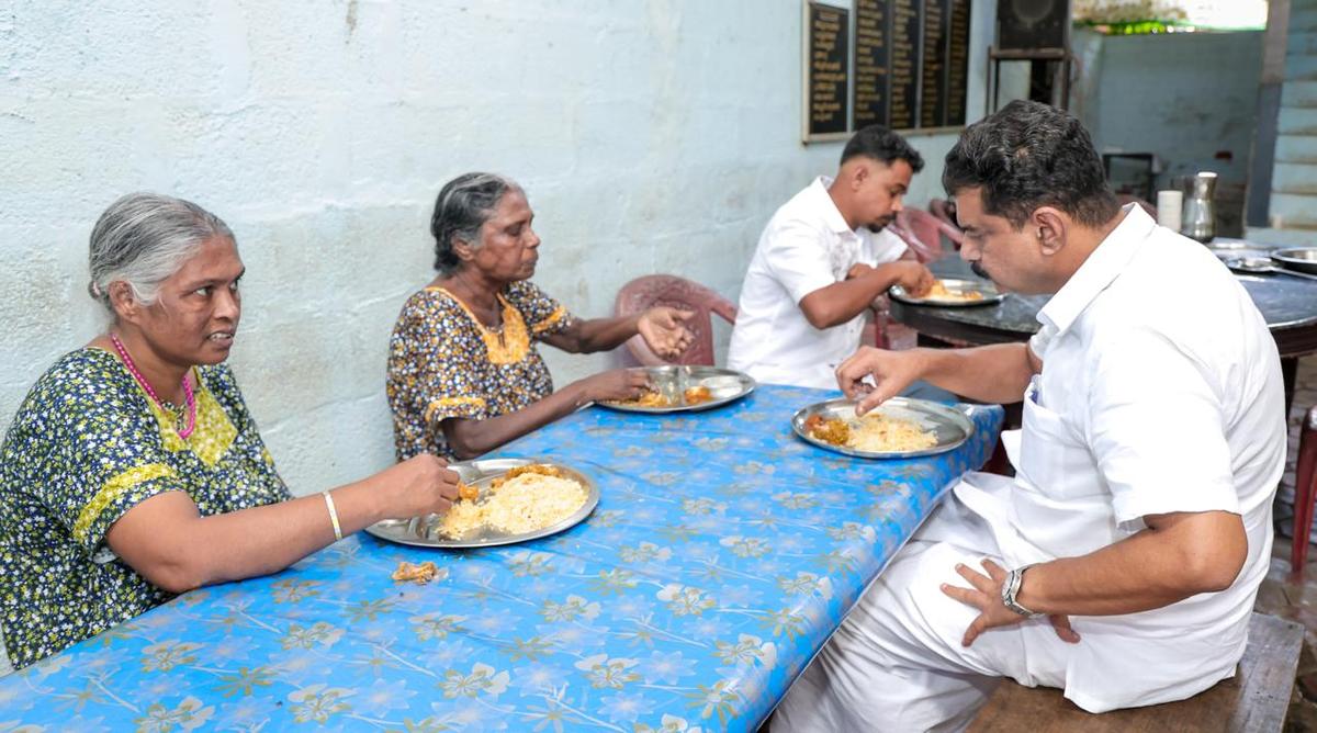 All India Trinamool Congress State convener P.V. Anvar having lunch with the inmates of Nirmal Bhavan at Moothedam, near Nilambur, on Saturday. All India Trinamool Congress State convener P.V. Anvar having lunch with the inmates of Nirmal Bhavan at Moothedam, near Nilambur, on Saturday.