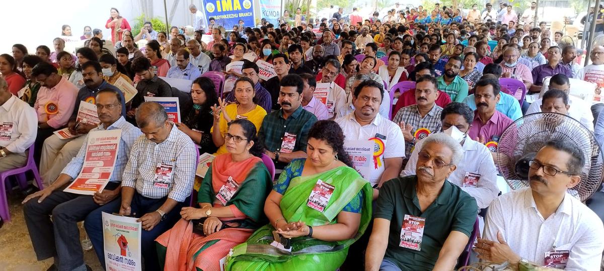 Doctors stage a sit-in protest at Indian Medical Association (IMA) headquarters in Thiruvananthapuram on March 17, 2023, Friday