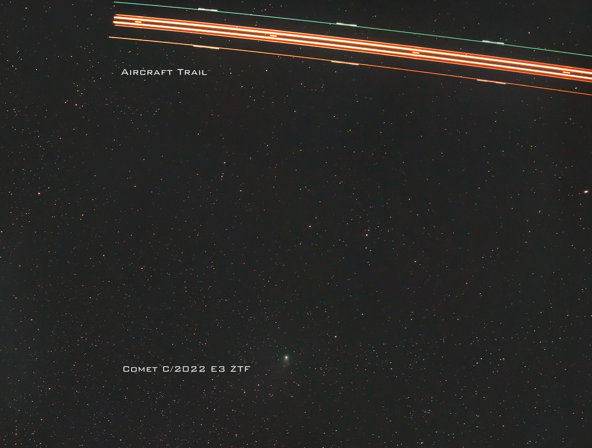 Another photo of comet C/2022 E3 (ZTF) taken by Fahd Bin Abdul Hasis and Kiran Mohan which also shows an aircraft trail.