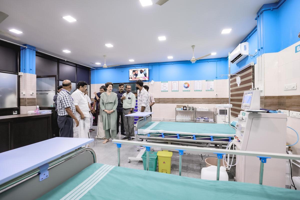 Priyanka Gandhi Vadra, MP, examining the facilities at a dialysis centre set up at Government Taluk Hospital, Wandoor, with ₹50 lakh from Rahul Gandhi’s MP fund, after inaugurating it on Sunday. Priyanka Gandhi Vadra, MP, examining the facilities at a dialysis centre set up at Government Taluk Hospital, Wandoor, with ₹50 lakh from Rahul Gandhi’s MP fund, after inaugurating it on Sunday.
