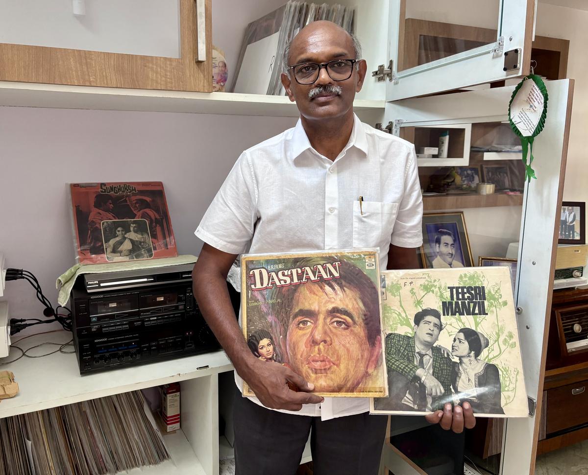 Saifullah Cholakkal showing some of his rare vinyl records. Saifullah Cholakkal showing some of his rare vinyl records.