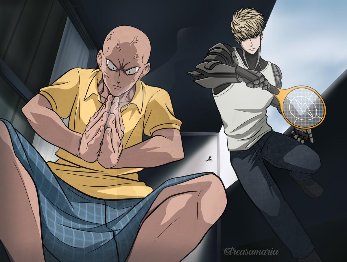 Superhero Saitama fails to kill a mosquito and his disciple Genos comes to his aid with an electric mosquito bat