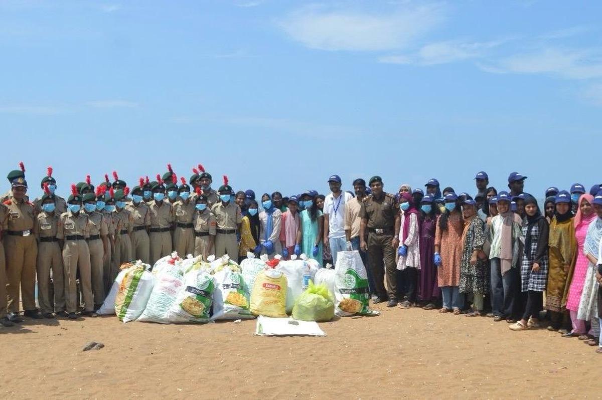 The clean-up team with the waste collected from Ponnani beach. The clean-up team with the waste collected from Ponnani beach.