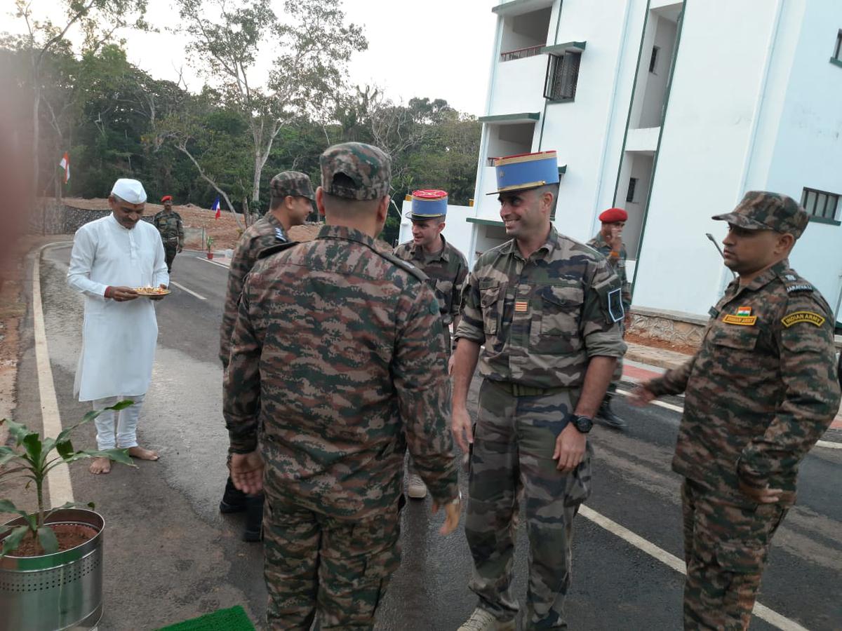 French troops interacting with Indian Army personnel at the Pangode military station on Monday.