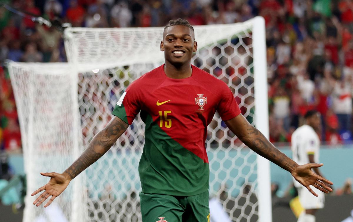 Portugal’s Rafael Leao celebrates scoring their third goal. 