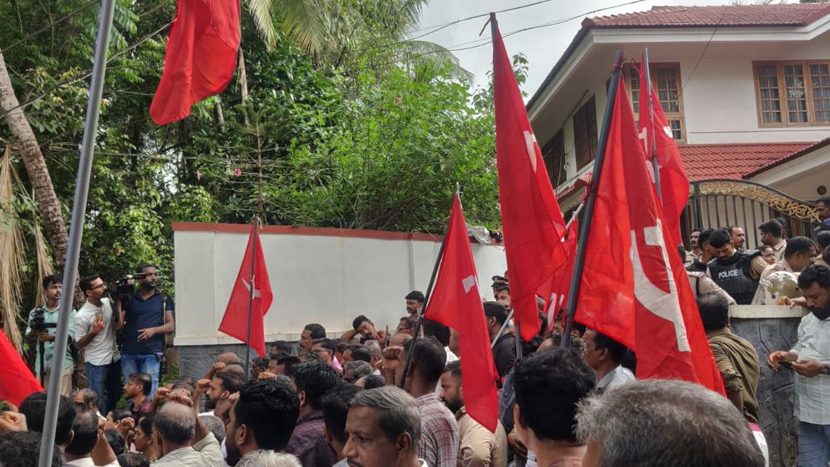 CPI(M) cadres stage protests after ED raids at ex-Kerala CM Pinarayi Vijayan’s residence in Kannur