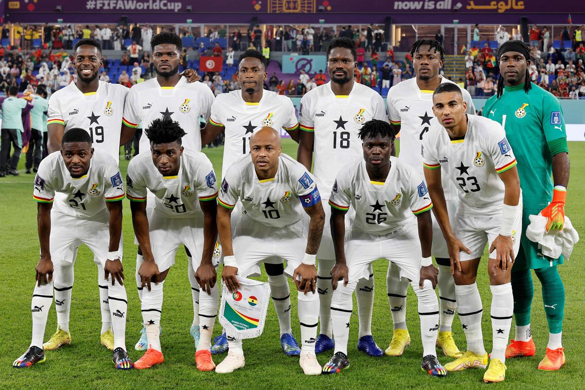 Ghana players pose for a team photo ahead of the Qatar 2022 World Cup Group H football match between Portugal and Ghana at Stadium 974 in Doha on November 24, 2022. 